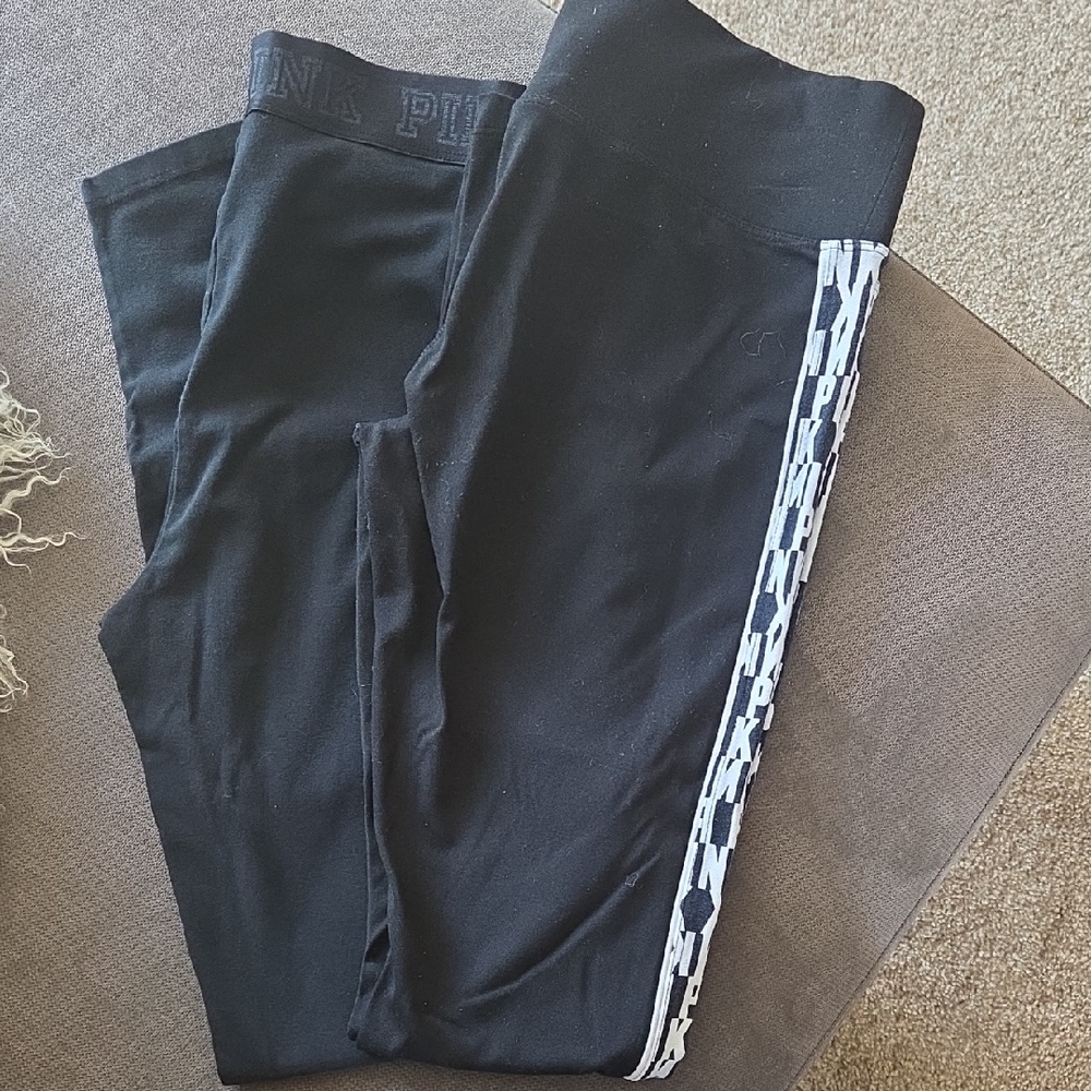 PINK Victoria's Secret Black Leggings with White Logo Accents - Picture 1 of 1